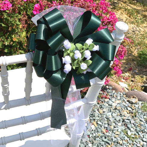 Hunter Green Pull Bows with Tulle Tails and Rosebuds - 8" Wide, Set of 6, Spring, Wedding Pew Bows, Aisle Decoration, Reception, Anniversary, Birt...