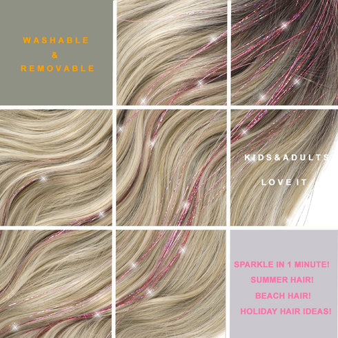 12Pcs Hair Tinsel Clip in 23.6Inch Clip in Hair Tinsel Pink Glitter Tinsel Hair Extensions Heat Resistant Tinsel Hair Kit Clip in Sparkling Fairy ...