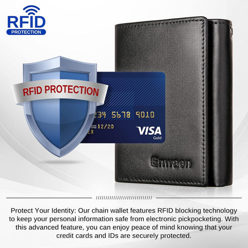 Mens Wallet with Chain, Genuine Leather Trifold Wallet RFID Blocking Anti-Theft Chain for Biker, Motorcycle(Black)...