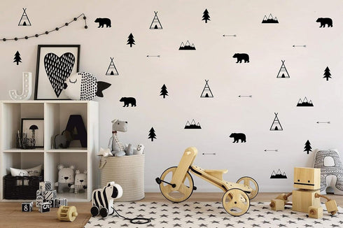 Woodland Wall Decal, Bears, Arrow, Teepees, Trees and Mountains Decor, Matte Vinyl Wall Stickers for Baby Bedroom, Nursery Wall Decals(Y05) (Black...