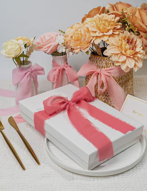 Chiffon Ribbon, Pink Party Decoration, Handmade Frayed Fringe Sheer Silk Ribbons for Gift Wrapping, Floral Vase Decoration, Graduation, Birthday, ...