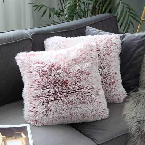 Uhomy 2 Packs Fluffy Accent Pillows Cover 20"x20", Soft Burgundy Ombre Faux Fur Throw Pillow Case, Modern Luxury Decorative Square Cushion Cover f...