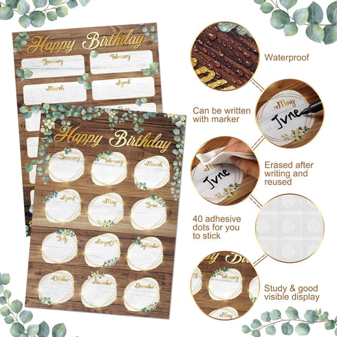 Spakon 2 Pcs Eucalyptus Happy Birthday Chart Birthday Poster for Classroom 17.5''x12.4'' Birthday Classroom Calendar Bulletin Board Classroom Deco...