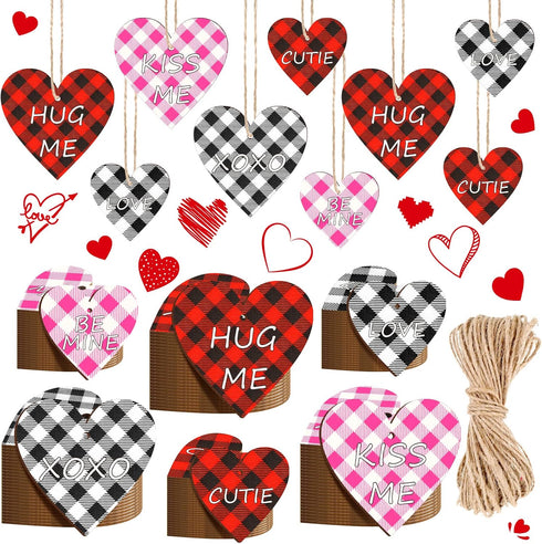 24 Pieces Valentine's Decorations for Tree Heart Shaped Wooden Ornaments Buffalo Check Plaid Wooden Embellishments Red Black Hanging Crafts Wood H...