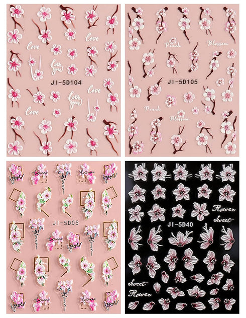 JMEOWIO 3D Embossed Flower Nail Art Stickers Decals Self-Adhesive Pegatinas Uñas 5D Spring Summer Floral Sakura Nail Supplies Nail Art Design Deco...
