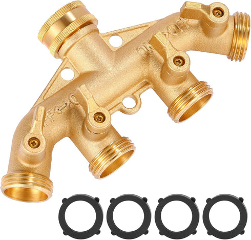 4 Way Heavy Duty Brass Garden Hose Splitter, Hose Connector 3/4", Hose Spigot Adapter with 4 Valves...