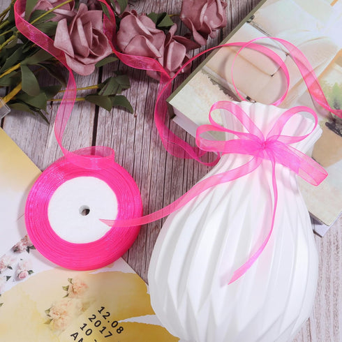 3/8 inch Sheer Organza Ribbon 50 Yards Hot Pink Chiffon Ribbon for Gift Wrapping Father's Day Crafts Wedding Bouquet Ribbon...