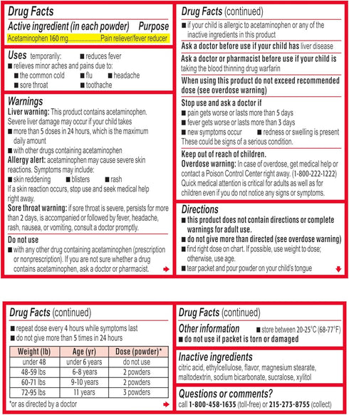 Children's Tylenol Dissolve Packs with 160 mg Acetaminophen Pain Reliever & Fever Reducer, Kids' Powder Packets for Cold & Flu Symptom Relief, Ibu...