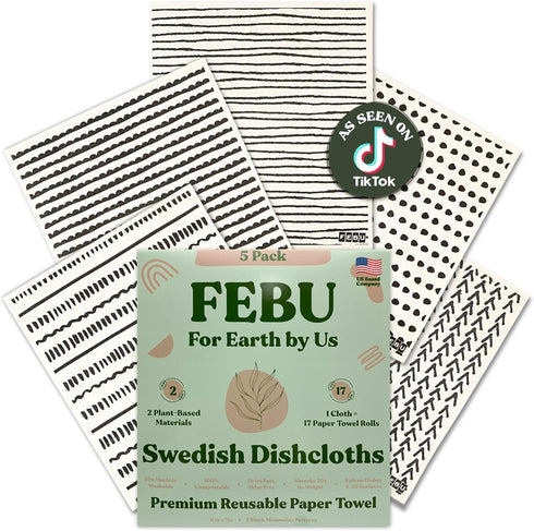 FEBU Swedish Dishcloths for Kitchen | 5 Pack Black Minimalist Reusable Paper Towels Washable | Swedish Dish Towels | Non-Scratch Cellulose Sponge ...