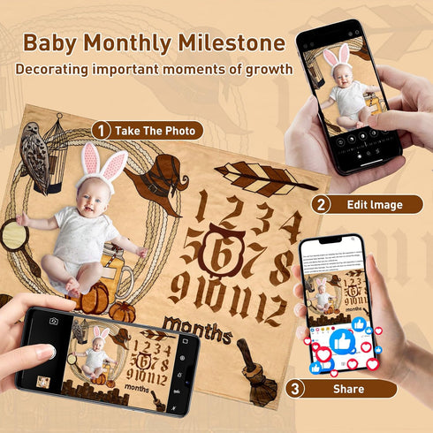 Harry Potter Magic Baby Monthly Milestone Blanket with Frame Harry Potter Theme Baby Month Photo Props Magic Print Baby Photo Blanket My First Bir...