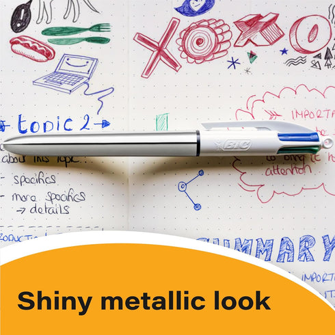 BIC 4 Color Shine Ball Pens Medium Points (1.0 mm) with Metallic Rose Gold, Silver and Gold Barrels - Pack of 3...