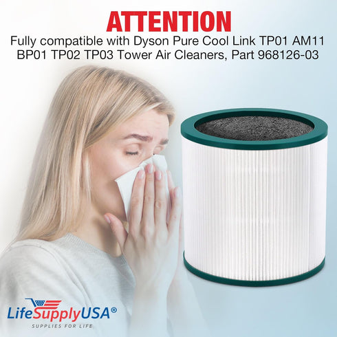 LifeSupplyUSA True HEPA Filter Replacement Compatible with Dyson Pure Cool Link TP01 AM11 BP01 TP02 TP03 Tower, Part 968126-03 Air Purifier...