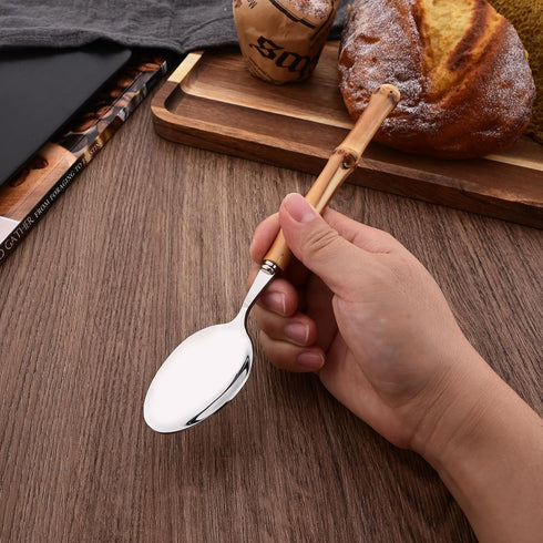8-Piece Natural Bamboo Dinner Spoon Set, Stainless Steel Spoons with Bamboo Handle for Home Kitchen Restaurant, Mirror Polished Spoons With Bamboo...