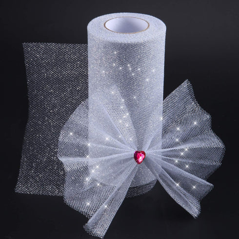 Glitter Tulle Roll Sparkling Tulle Ribbon Fabric Spool for Wedding Decoration Gift Wrapping, 6 Inch by 25 Yards (Silver)...