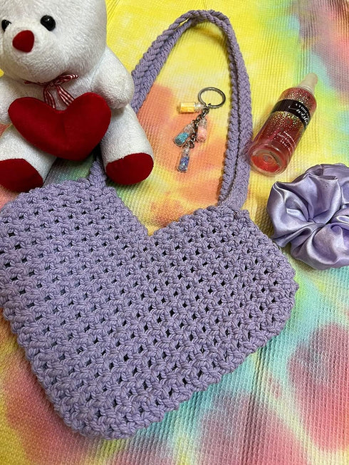 JESSICA Cotton Boho Macrame Handmade Heart Shaped Handbag Birthday Ladies Gift, lavender....