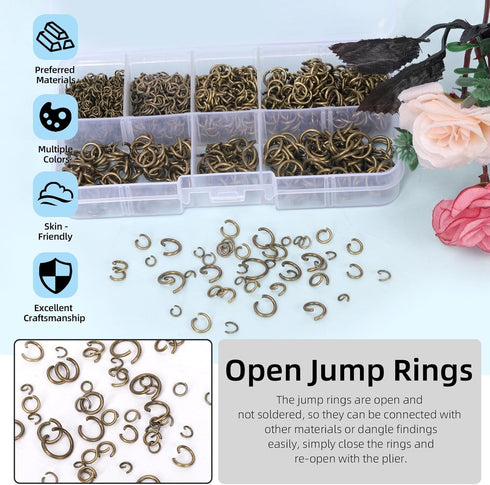 Glarks 1403Pcs 10mm 5mm 4mm 7mm 8mm Open Jump Rings Kit, Iron Round Ring Connectors Nickel Free Bronze O Rings for Jewelry Making Connectors and N...