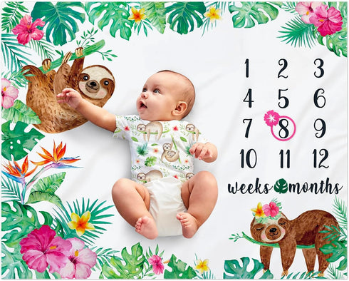 Watercolor Flowers Jungle Baby Sloth Monthly Milestone Blanket - Soft Fleece Blanket for Baby Girls - Perfect Age Photo Props and Newborn Baby Gif...