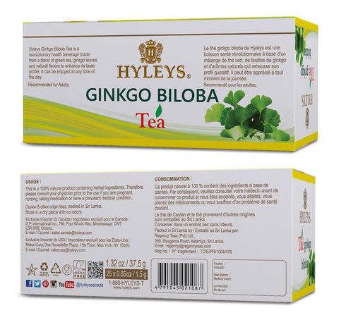 Hyleys Ginkgo Biloba Green Tea – Brain Support Blend with Citrus – 100% Natural, Gluten-Free, Non-GMO, Memory & Focus Tea – 25 Tea Bags...
