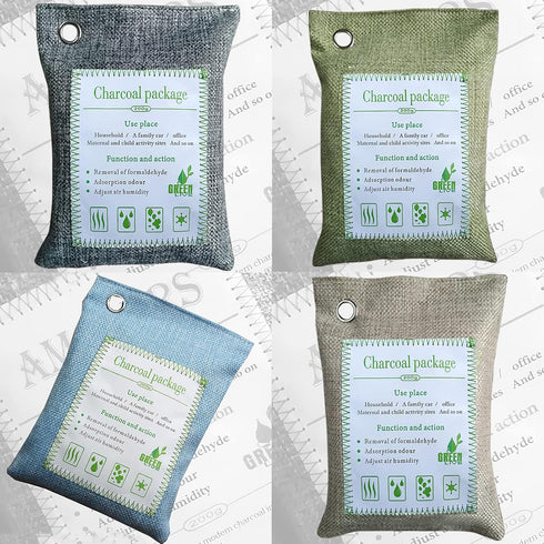 Bamboo Charcoal Bags Odor Absorber, 2 Packs 200g Charcoal Deodorizer Bags with Hooks, Nature Bamboo Charcoal Air Purifying Bags Activated Charcoal...