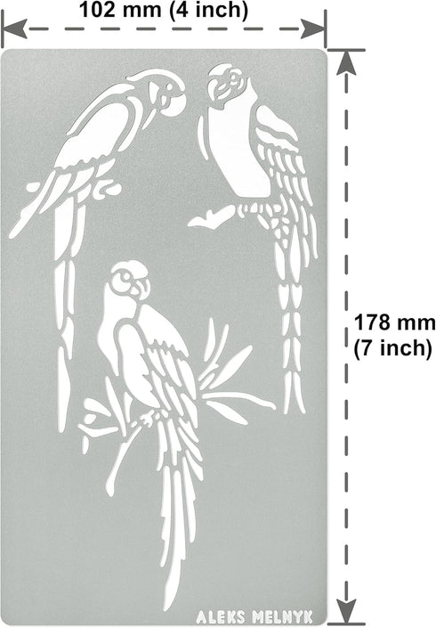 Aleks Melnyk No.472 Metal Stencil, Bird on Tree Branch, Parrots, Wild Animal, Small Stencil, 1 PC, Template for Wood Burning, Engraving, Crafting,...