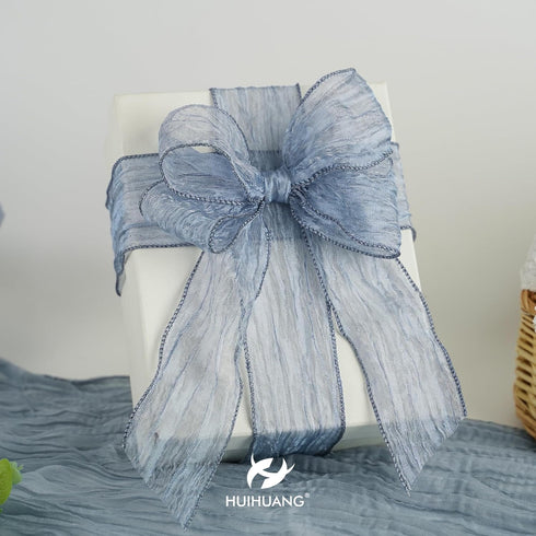 HUIHUANG Blue Wire Ribbon 2.5 inch Metallic Crinkle Dusty Blue Wired Ribbon for Bows Making Gift Wrapping Wreaths Holiday Home Decor DIY Crafts Ch...