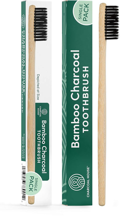 4-Pack Adult Organic Bamboo Charcoal Toothbrushes Set - Biodegradable & Natural - Perfect for Adults Aesthetic - with Soft Bristles for Gentle Bru...