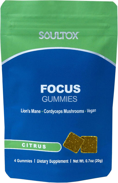 Soultox Focus Lion's Mane Gummies - Citrus Flavor - Vegan Formulation with Organic Lions Mane and Cordyceps - Enhance Memory, Focus and Energy - C...