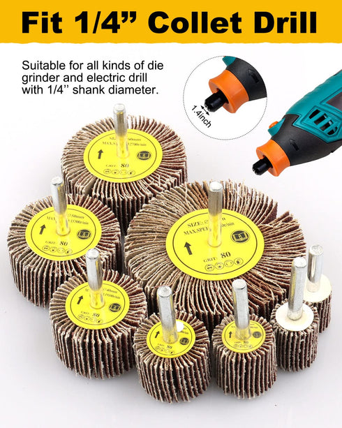 8 Pcs Flap Wheel Sander Set, 1/4" Shank 8Size Flapper Wheel, SHITIME Long-Lasting Cylindrical Shape Sanding Wheel for Removing and Polishing Rust ...