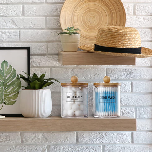 2 Pack Qtip Holder Dispenser with Bamboo Lids - 10 oz Clear Plastic Apothecary Jar Containers for Vanity Makeup Organizer Storage - Bathroom Acces...