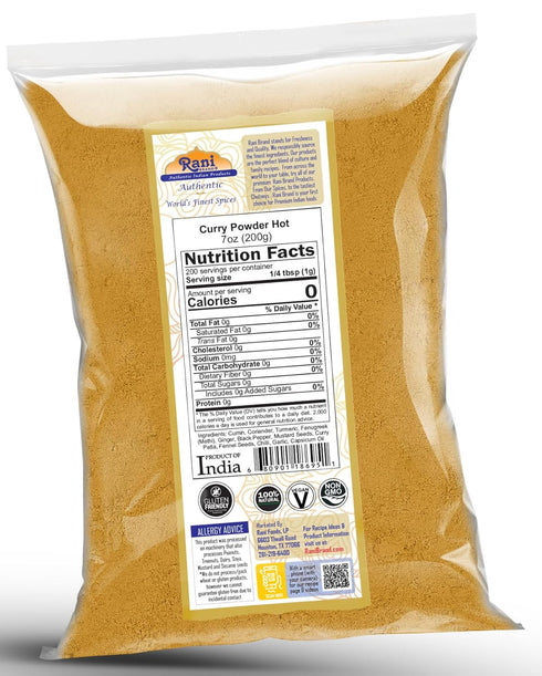 Rani Curry Powder Hot (11-Spice Authentic Indian Blend) 7oz (200g) ~ All Natural | Salt-Free | Vegan | No Colors | Gluten Friendly | NON-GMO | Kos...