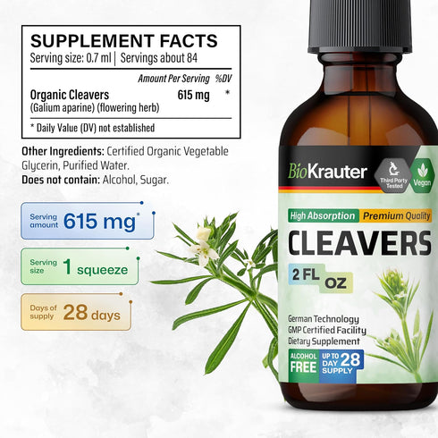 Cleavers Leaf Tincture - Organic Cleavers Herb Liquid Extract - Natural Body Detox - Alcohol and Sugar Free - Vegan Drops 2 Fl.Oz....