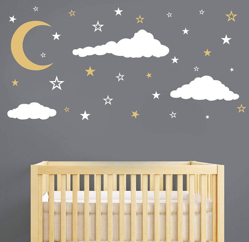 GESTYZ Vinyl Wall Stickers, Stars and Clouds Decal, White, Gold, for Nursery, Bedroom, Kids Room Wall Decoration...
