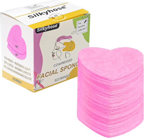 Women 60-Count Compressed Cellulose Heart Shape Face Facial Sponges 100% Natural Cosmetic Sponges for Facial Cleansing Exfoliating Mask Skin Massa...
