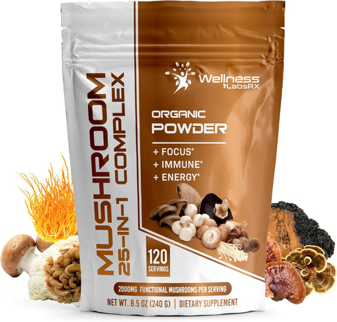 Mushroom Powder, 25 in 1 Mushrooms Lions Mane Powder Organic - 2000mg - Mushroom Supplement, 25 Superfood Mushrooms, Chaga, Shiitake Mushrooms, Co...