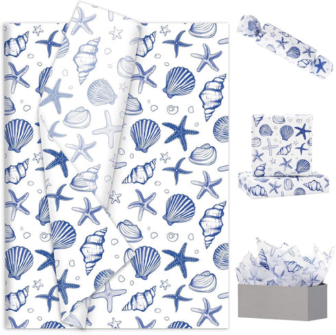 JarThenaAMCS 100 Sheets Ocean Tissue Paper Blue Sea Shell Starfish Gift Wrapping Paper Coastal Beach DIY Art Craft Tissue for Wedding Birthday Sum...