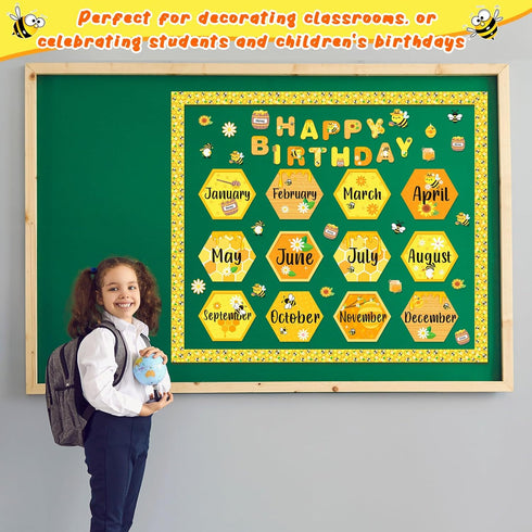 63 Pcs Bee Themed Birthday Bulletin Board Sets Paper Cutouts with Glue Point Bee Birthday Classroom Bulletin Board Display Bee Theme Birthday Char...