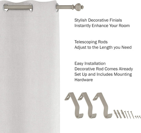 Bedford Home 1-Inch Curtain Rod- Decorative Modern Urn Finials & Hardware- For Home Decor in Bedroom, Living Room & Kitchen, 48-84-Inch (Gray)...