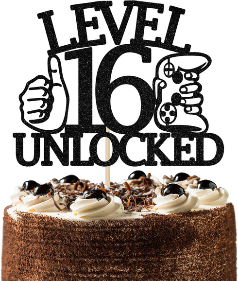 Level 16 Unlocked Cake Topper, Video Game Theme Happy 16th Birthday Cake Decor, Sweet 16, Boys Girls Funny 16th Birthday Decorations Black Glitter...