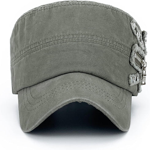 Men Women Soft Washed Cotton Adjustable Flat Top Military Army Hat Cadet Cap Zip Studs Embroidery Patch...