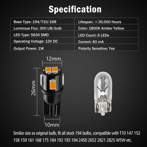 194 LED Bulbs Extremely Bright Amber Yellow 5630 Chipsets 168 2825 175 T10 W5W LED Replacement Bulbs for Car Interior Map Dome Door Courtesy Licen...