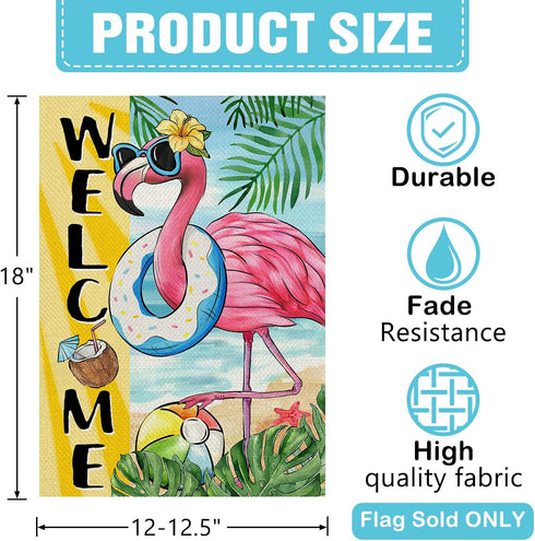 Welcome Summer Flamingo Decorative Garden Flag, Beach Coastal Swim Ring Tropical Palm Leaves Yard Outside Home Decoration, Hawaii Aloha Nautical O...