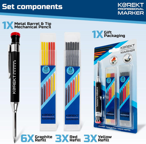 KOREKT Professional Marker, Heavy Duty Mechanical Carpenter Pencil Set | 12 Refills and Built-in Sharpener | Construction, Woodworking, Welding, C...