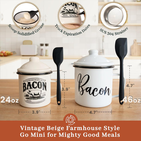 Bacon Grease Container with Strainer - With Food-Grade Silicone Spatula, 24oz Enamel Rustic Farmhouse Fat Container, Keeper, Recipes, Dishwasher S...