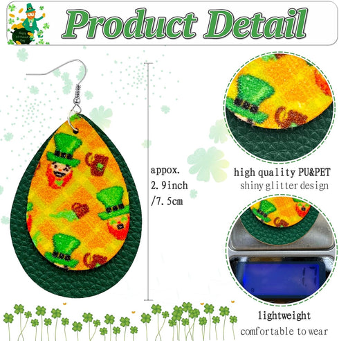 SHUANGART 194 Pcs St. Patrick's Day Sublimation Blank Superfine Glitter Earrings Kit, Green Shamrock Printed Chunky Glitter Faux Leather Earrings ...