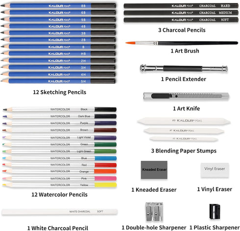 KALOUR Sketching Coloring Art Set - 38 Pieces Drawing Kit with Sketch Pencils,Watercolor Pencils,Charcoal,Brush,Eraser -Portable Zippered Travel C...