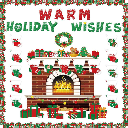 70 Pieces Christmas Bulletin Board Decorations Warm Holiday Wishes Fireplace Cutouts Xmas Hearth Classroom Decor for Office School Wall Bulletin B...