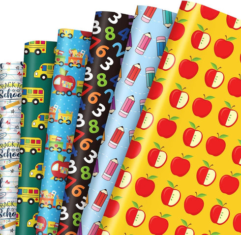 JarThenaAMCS 12 Sheets Back to School Wrapping Paper - Not Roll - Bus Apple Pencil Gift Wrap Paper Folded Flat 6 Designs DIY Craft Art Paper for F...