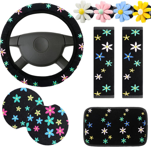 10 Pcs Embroidery Cute Flower Car Accessories Set Floral Steering Wheel Cover Car Air Vent Clips Center Console Armrest Cushion Car Cup Mats Seat ...