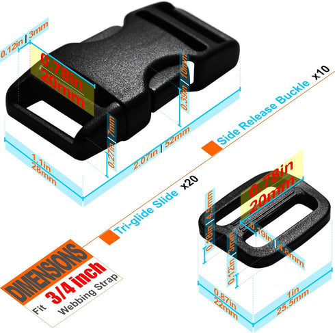 Buckles for 3/4 inch Wide Webbing Straps: Quick Side Release Buckles 10 set and Tri-Glide Slide 20 pcs Fit 0.75" Nylon Web Belt, Plastic Snap Fast...