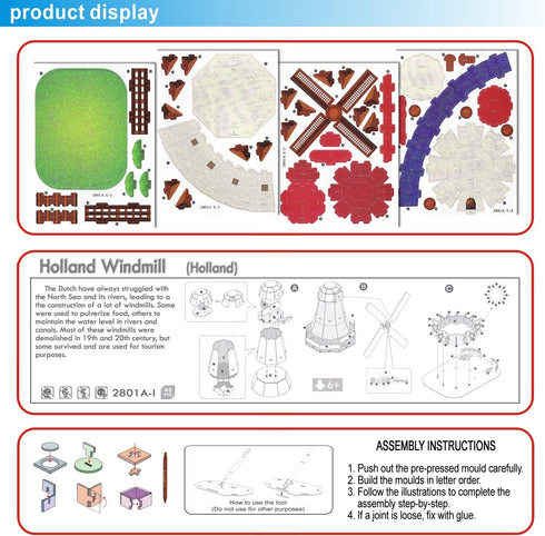 Creative 3D Puzzle Paper Model Holland Windmill DIY Fun & Educational Toys World Great Architecture Series, 45 Pcs...